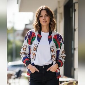 Oscar de la Renta Silk Bomber Jacket Large 80's 90's Hot air balloon RARE VTG